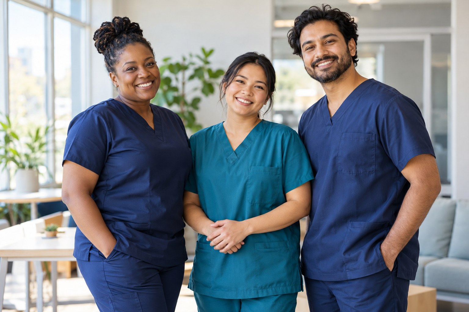 Three personal support workers together in a bright community workplace